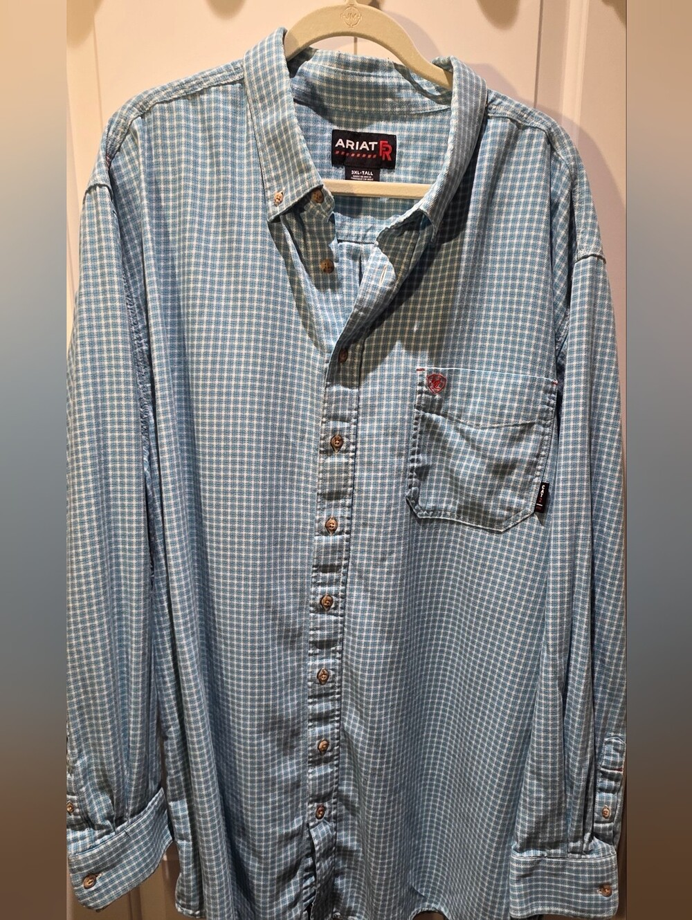 Ariat Fire Resistant Light Blue Small Check Button-Down Work Shirt